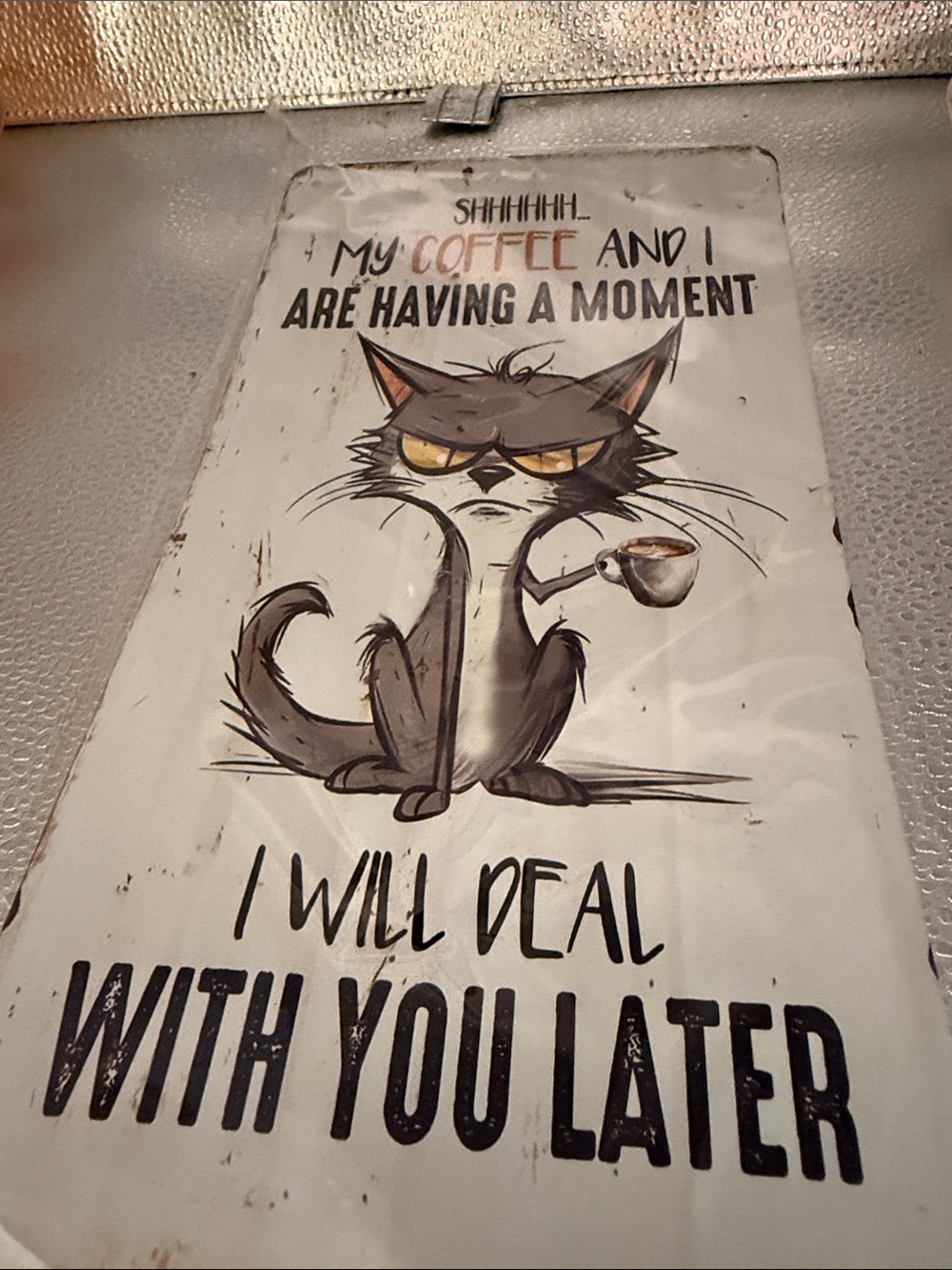 Coffee Cat Wall Sign - White Background with Brown Cat